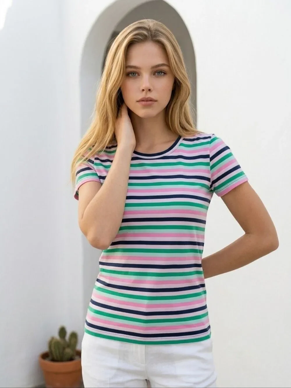J.Crew Perfect Fit Tee XS Blue Pink Stripe Stretch Cotton Casual T-Shirt Coastal